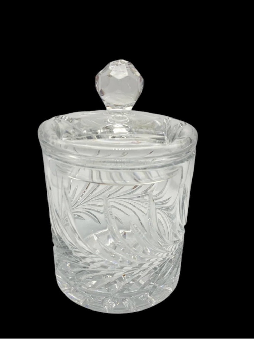 Crystal Biscuit Jar Pinwheel Lidded Ginger Trinket Vanity Dish Faceted Heavy